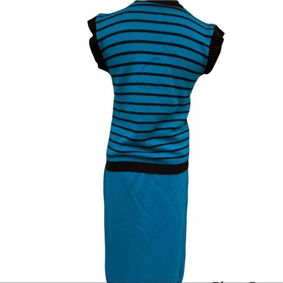 Vintage 3 piece sweater skirt set teal black stripe small - Picture 4 of 6